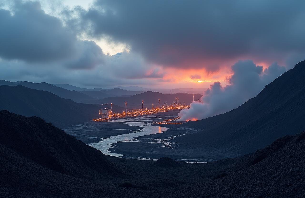 A modern geothermal power plant set against a dramatic volcanic landscape at dusk.