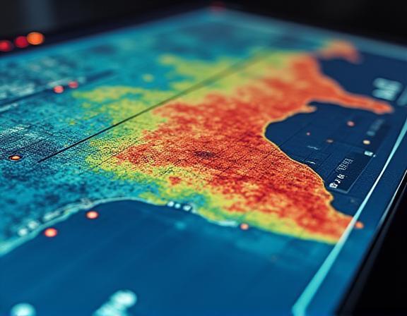 A digital map interface showing heat flow data points across a geological area.