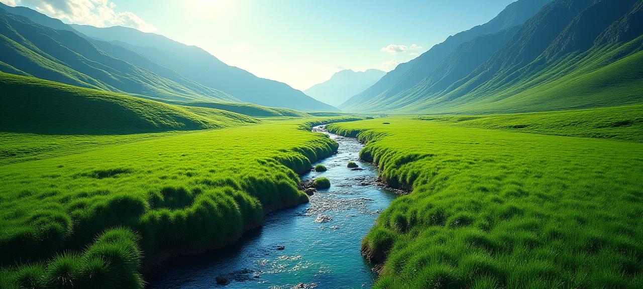 A lush green valley with a clear stream, symbolizing a healthy environment.